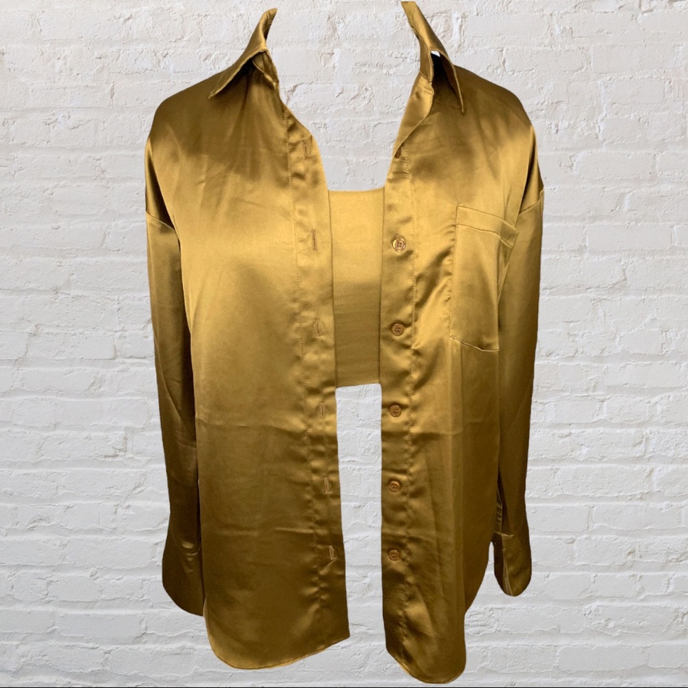🤎 Long Sleeve Button Up Shirt, Crop Top Tank, Set, 70’s Style, Forever 21